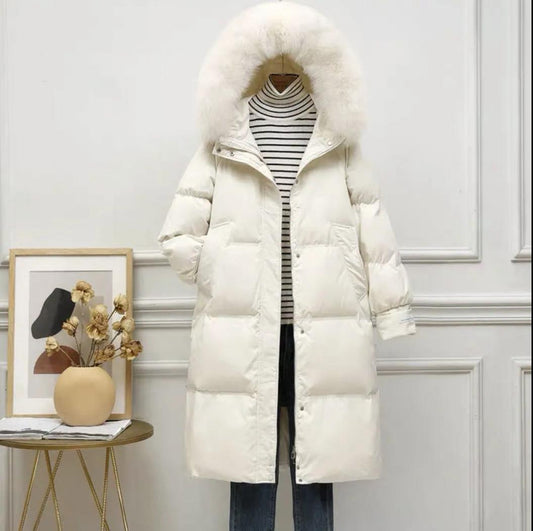 Down Jacket Women's Mid-length Big Fur Collar Korean Fashion Loose Thick Over-knee Winter Hooded Jacket Tide