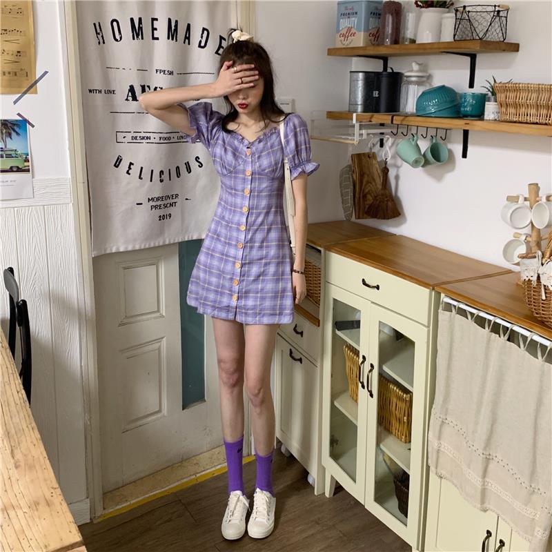 Purple Plaid Dress Female Middle Long Square Collar Wood Ear Edge College Wind Waist Slim Little Fresh Dress