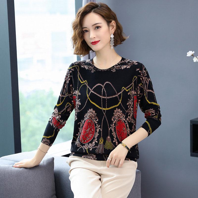 Women Printed Sweater Long Sleeve O-Neck Knitted Pullover Sweater Fashion Loose Jumper Tops Plus Size Knitwear Outwear