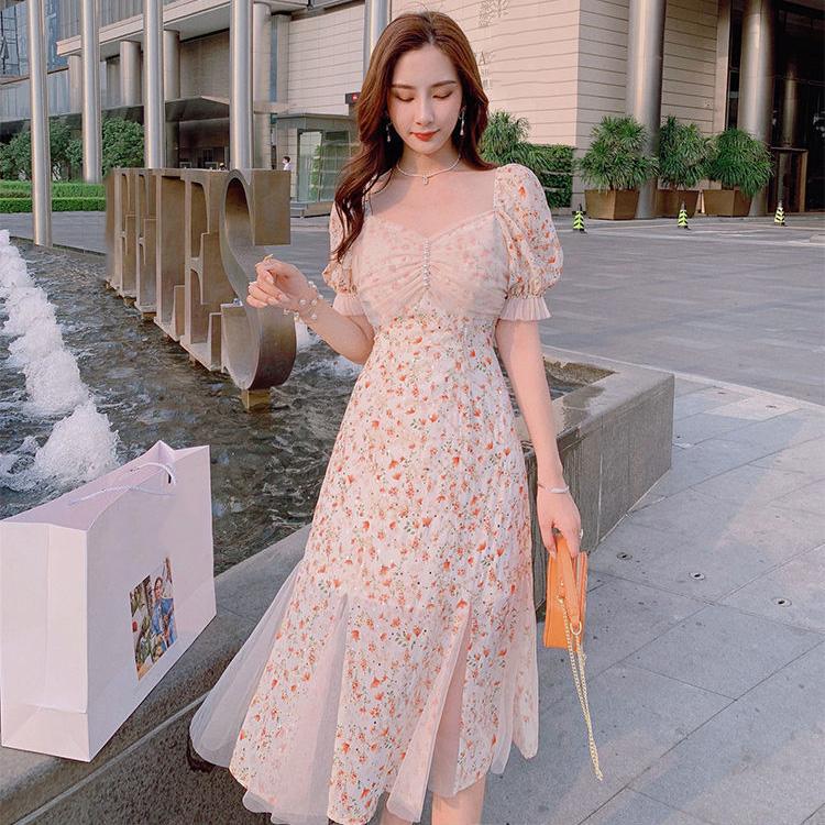 Net Yarn Splicing Floral Short Sleeve Mermaid Skirt  Women's Summer Dress Printing Knee-length Daily Wear Office Dating Party