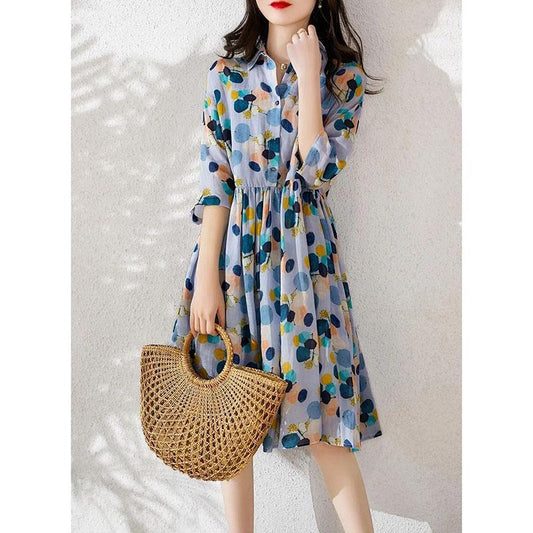 Summer Printed Half Sleeved Dress Women's Mid-length Korean Slim Fit Plus Size Long Skirt Lapel Pleated A-line Skirt Colorful Polka Dot Dress