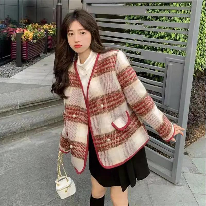 Temperament Xiaoxiang Style Coat Women's Mid-length V-neck Plaid Top Women's All-match Long-sleeved Casual Coat