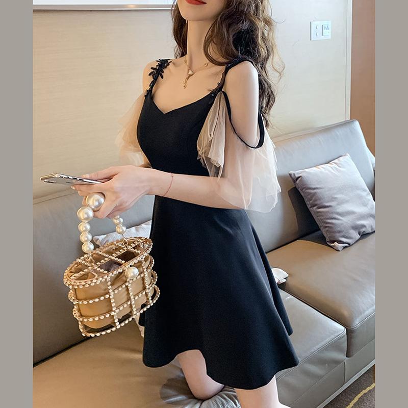 Sexy Woman V-neck Chiffon Sleeves Ruffled Sling  A-line dress Sleeveless Hollow Out Bare Shoulders Nightclub Bar Party