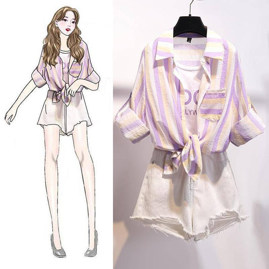 Fashion Women Fake Two-piece Striped Shirt and Hole Denim Shorts Two-piece High-waist Shorts Set Summer