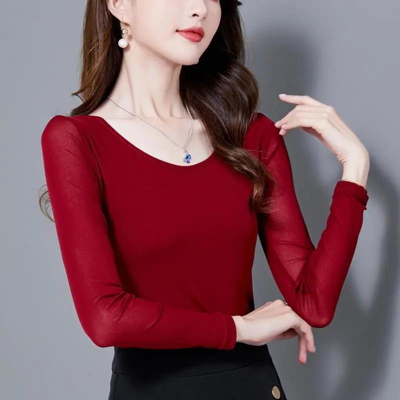 Women's Spring and Autumn Thin Bottoming Shirt Round Neck Solid Color Long Sleeve T-shirt