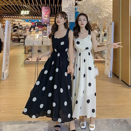 Polka Dot Suspender Dress Women's Summer Elegant Mid Length Open Back French Waist Chiffon Dress