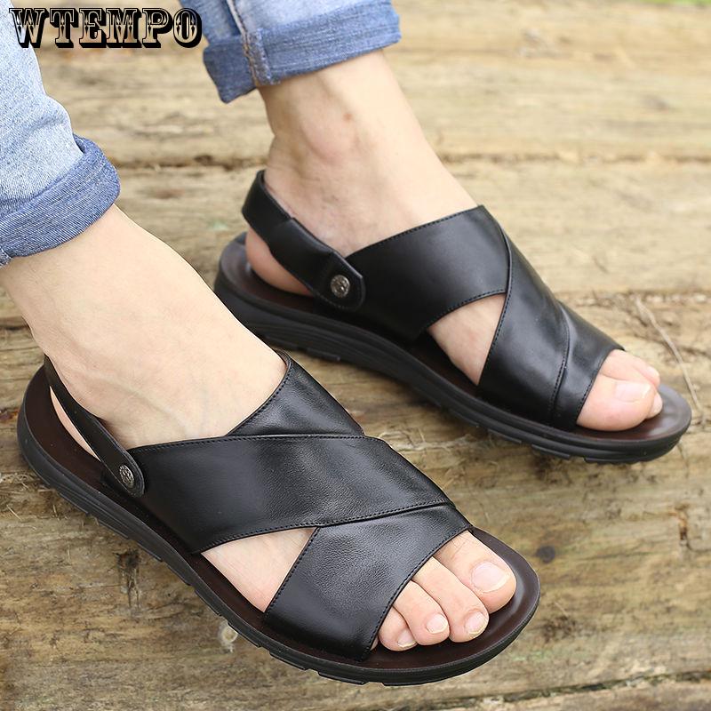 Leather Sandals Fashion Men Clip Toe Casual Shoes Beach Slip On Flat Slippers