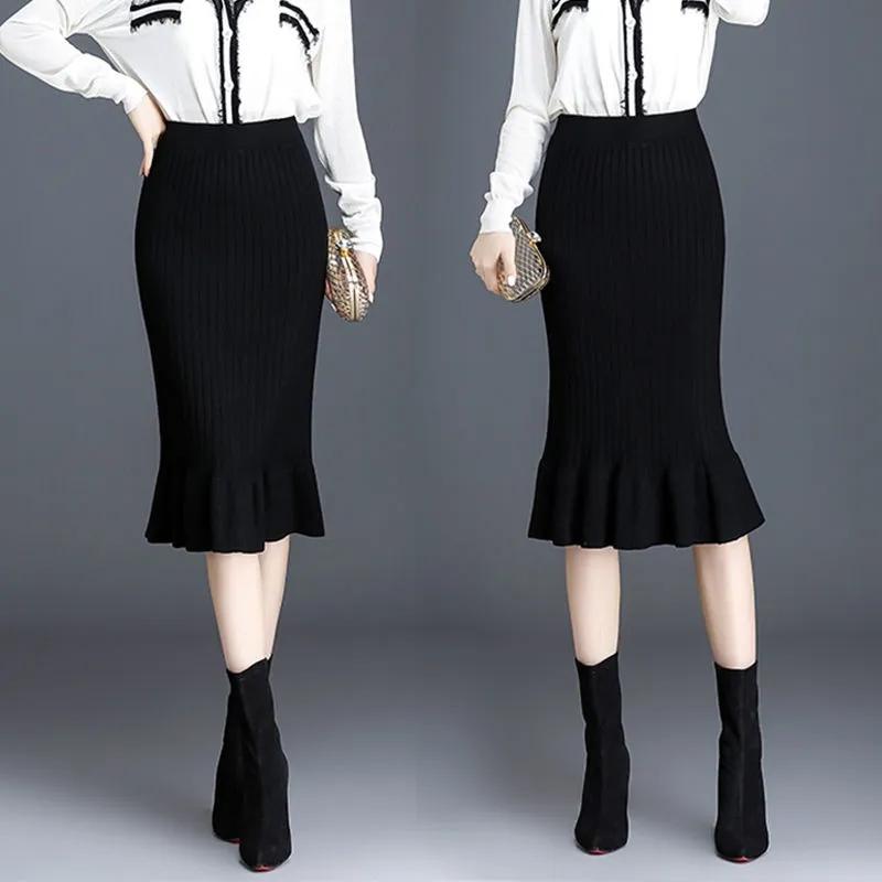 Skirts Womens Knitted Skirt Female Spring Hip Skirts Solid Color Mid-length Wool Skirt Stretchy Ruffled Mermaid Skirts