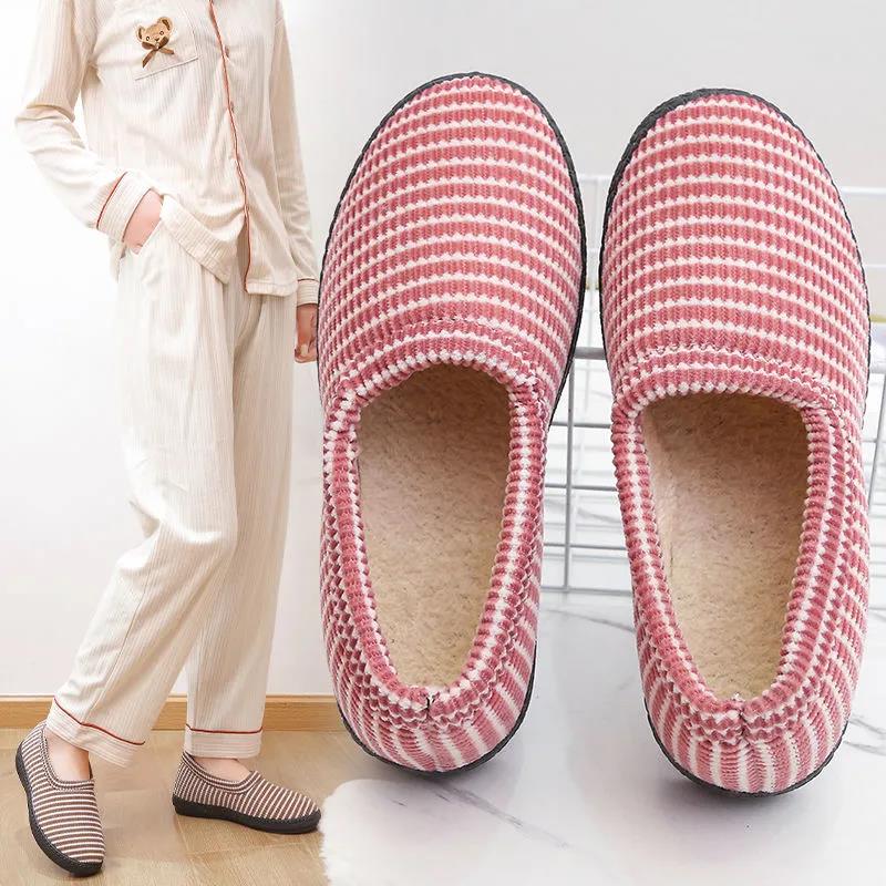 Winter Cotton Slippers Women's Cotton Shoes  Cute Stripes Indoor Cotton Shoes Non-slip Warmth Plush Low-top Shoes