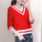 Autumn and Winter Loose Top Knitted Padded Base Shirt V-neck Striped Women's Sweater