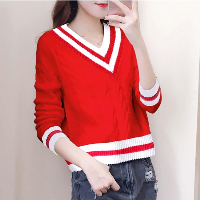 Autumn and Winter Loose Top Knitted Padded Base Shirt V-neck Striped Women's Sweater