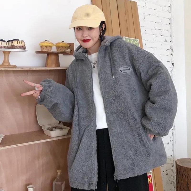 Winter Imitation Lamb Velvet Letters Plus Velvet Sweater Women Loose Warm Cardigan Jacket Ladies Casual Warm Jacket Plus Size Jacket