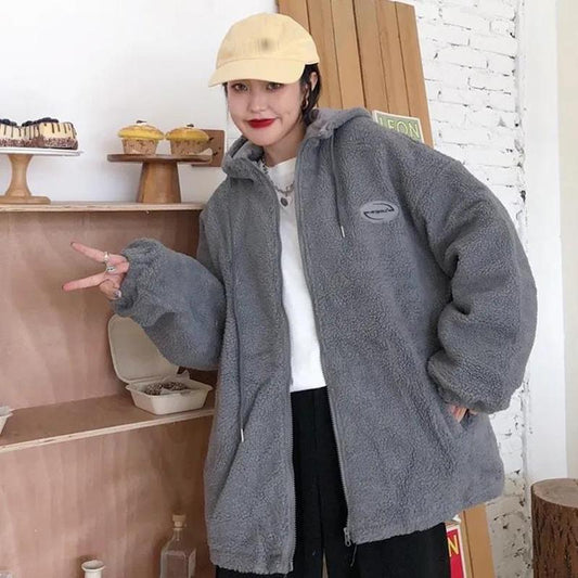 Winter Imitation Lamb Velvet Letters Plus Velvet Sweater Women Loose Warm Cardigan Jacket Ladies Casual Warm Jacket Plus Size Jacket