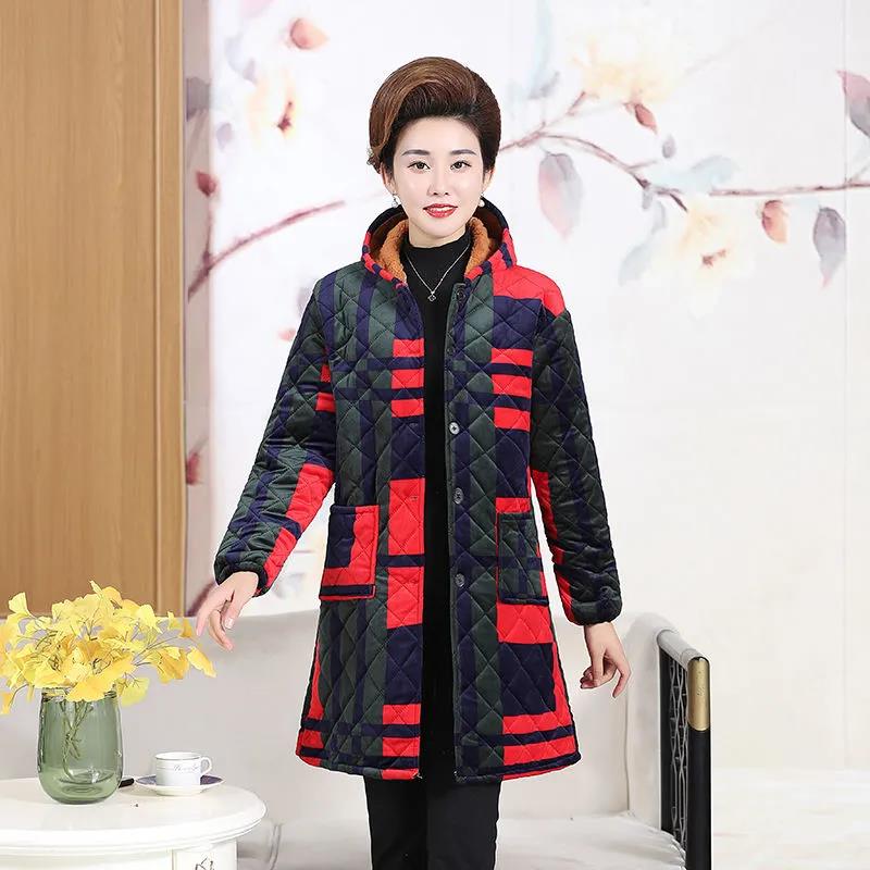 Winter Padded Jacket Chinese Style Printed Hooded Down Jacket Plus Velvet Padded Mid-length Padded Coat