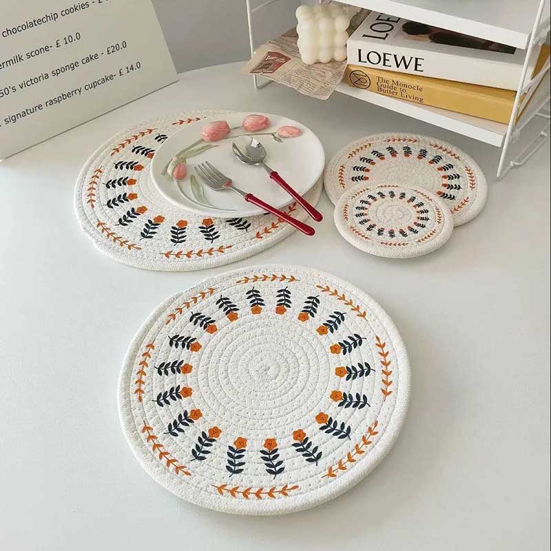 Round Printed Dining Table Mat Thickened Cotton Placemat Insulation Pad