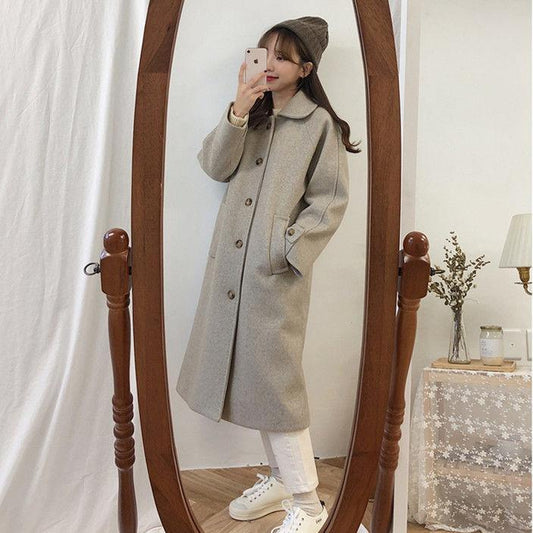 Woolen Coat Women Mid-length Winter Korean Thick Cotton Hepburn Style Black Woolen Coat Temperament