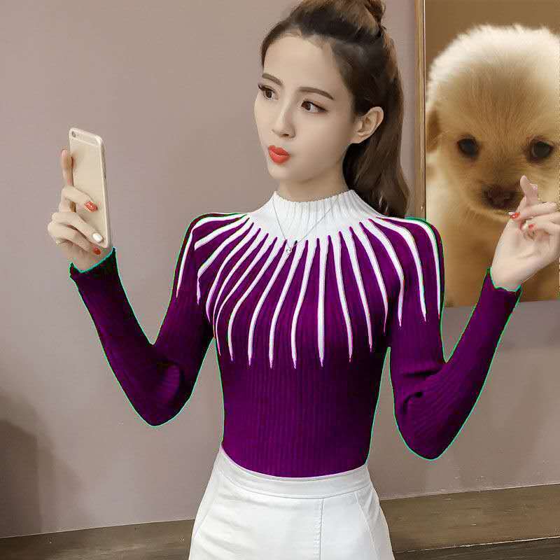Half-high Neck Bottoming Shirt Women's Fall and Winter Stretch Sweater Women's Thin Pullover Sweater Striped Long-sleeved Top