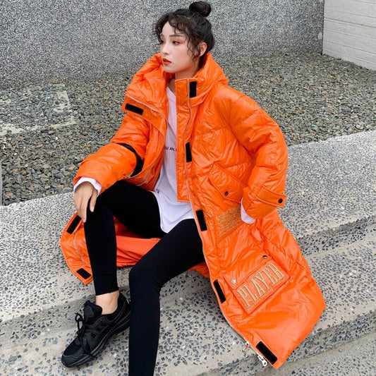 Women's Down Jacket Mid-length Thickened Knee-length Shiny Shiny Leather Disposable Waterproof Hooded Embroidered Jacket