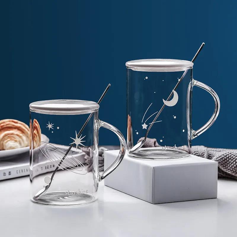 Couple Cup Creative Luminous Starry Sky Universe Office Glass Drinking Cup with Lid Spoon Cup Personality Trend