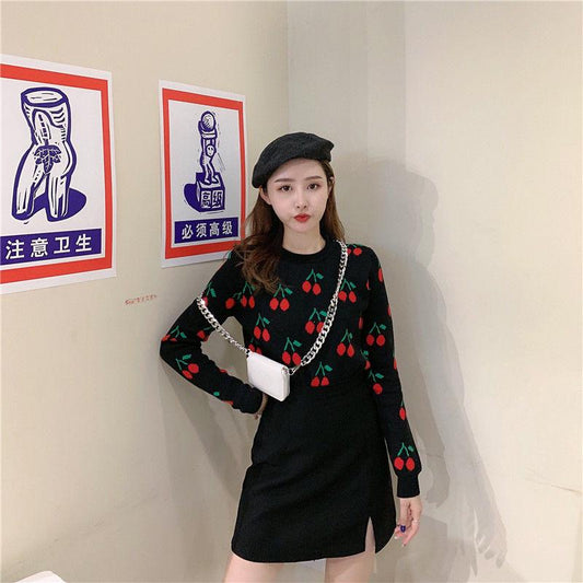 Cute Cherry Print Slim Was Thin Round Neck Sweater Girl Wild Pullover Long Sleeved Sweater