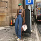 Spring  Autumn Plus Size Loose Woven Denim Wide-leg Trousers   Straight Thin High-waist Casual Mopping Pants Women
