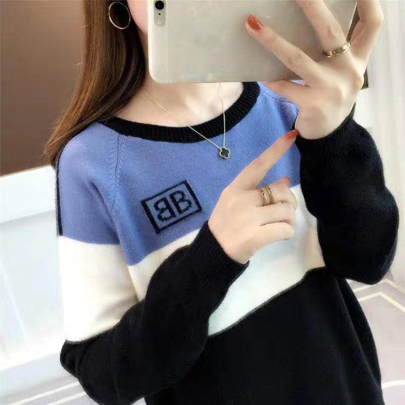 Autumn  Winter Loose Short Sweater Fashion Knit Sweater Color Matching Women's Round Neck Bottoming Shirt Top