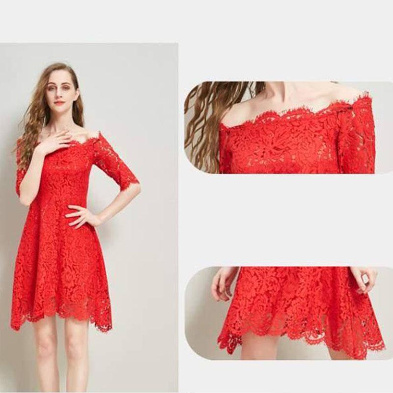 Fashion Summer Off-shoulder Sexy Slash Neck Red Lace Dress Knee-length Asymmetrical Party Dress