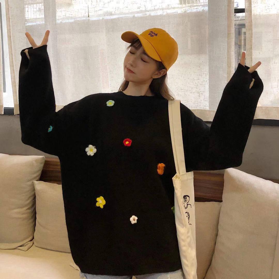 Pofulove Fashion Sweater Girl Pullover Autumn and Winter Korean Small Flower Loose Wild Sweater