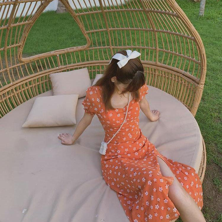 Female Vintage High Waist Super Fairy Holiday Dress Elegant Slim Floral Print Pleated Split Dress