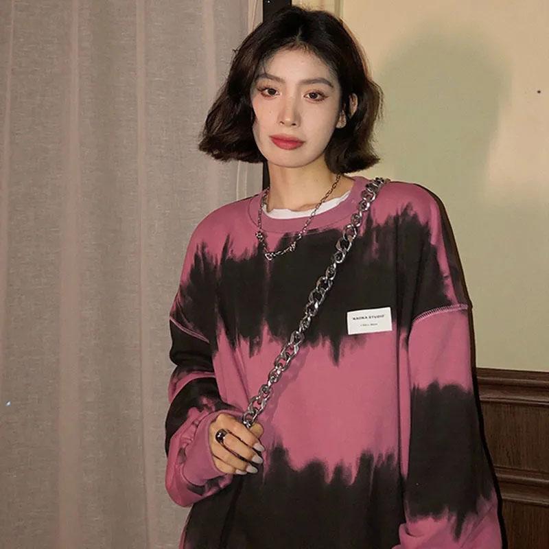 Women's Spring Tie Dye Round Neck Sweater Lazy Striped Ins Jacket Top Ladies Casual Loose Pullover Long Sleeve Shirt Top