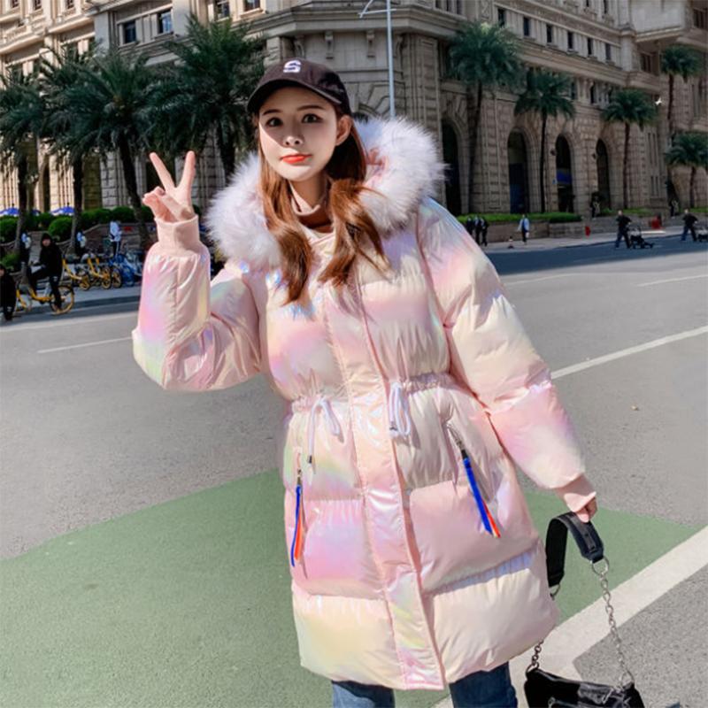 Women's Bright Face Hooded Down Jacket Mid-length Korean Loose Thick Coat Warm Cotton Coat Large Wool Collar Winter Quilted Coat