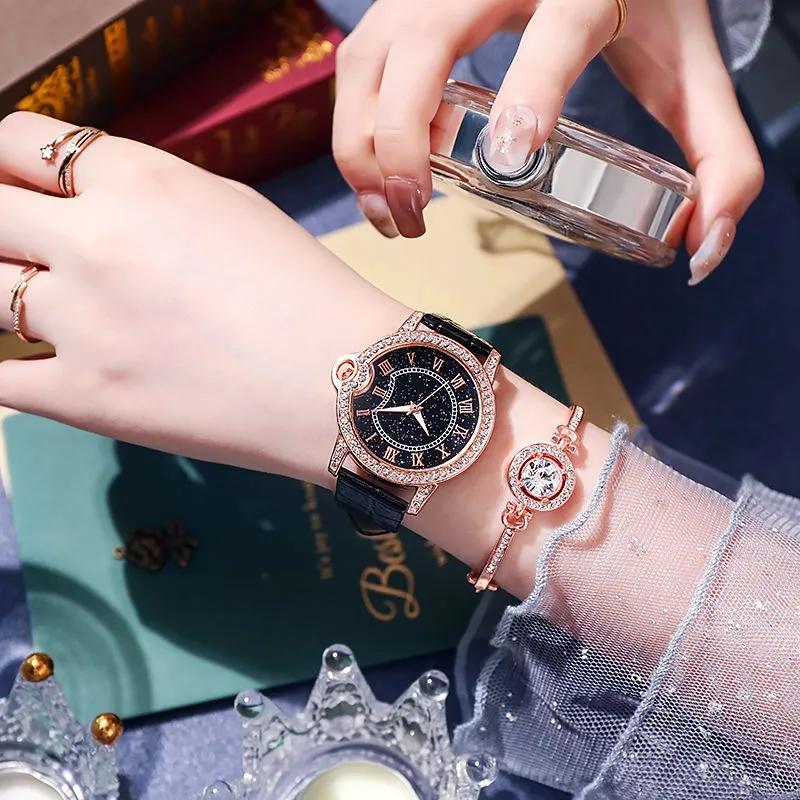 Women's Star Night Light Luxury Rhinestone Watches Korean Style Simple Round Disc Belt Niche Luminous Watches