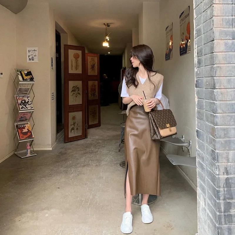 High Waist Hip Leather Skirt Women's Spring Slim Split Skirt Leather Skirt Skinny Tight Straight Mid Length Pencil Skirt Lady Pu Half Skirt