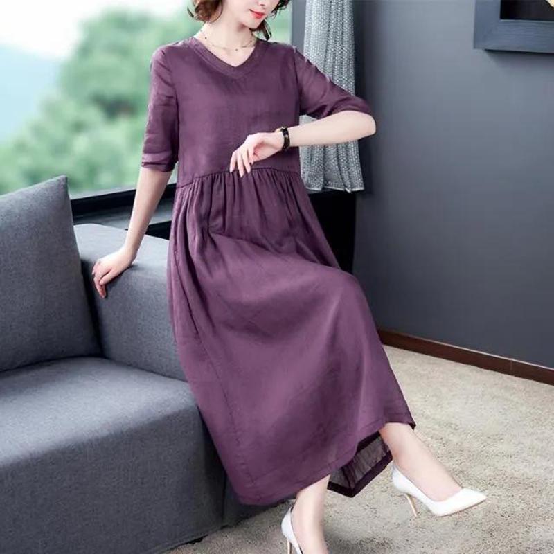 Violet Print Back Cotton and Linen Dress Women Spring and Summer V-neck  1/2 Sleeve Ethnic Style Solid Color Large Size Dress