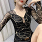 Women's Sexy Mesh Long Sleeve Bottoming Shirt V-Neck Diamond Slim Fit Bright Silk Top