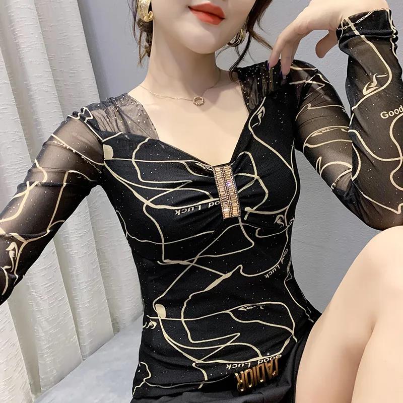 Women's Sexy Mesh Long Sleeve Bottoming Shirt V-Neck Diamond Slim Fit Bright Silk Top