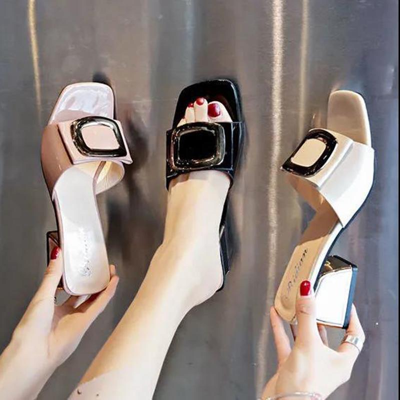 Sandals and Slippers for Women's Outer Wear Summer Fashion Thick Heels All-match High Heels Ladies Slippers Temperament Mid-heel