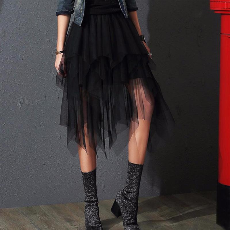 Y2k Skirt Skirts Womens Summer Black Pleated Skirt Solid Color Elastic High Waist A-line Skirts Irregular Mid-length Mesh Skirt