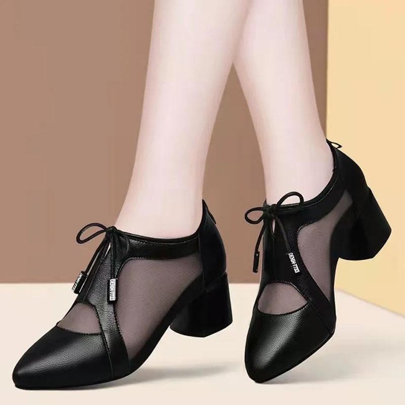 Spring Sandals Women's Summer Mid-heel Hollow Out Single Shoes Office Ladies Large Size Thick Heel Leather Mesh Black Shoes