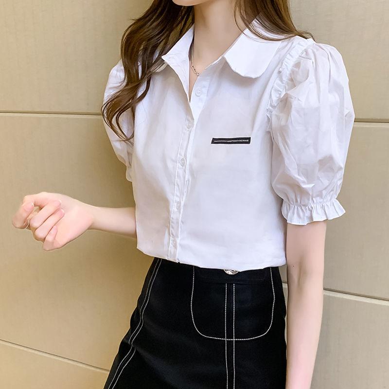 Summer Short Sleeve Women's Solid Color Puff Sleeve Polo Collar Shirt