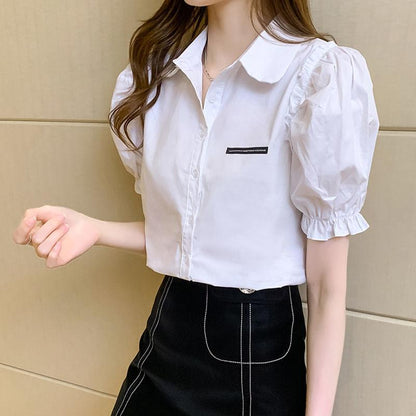 Summer Short Sleeve Women's Solid Color Puff Sleeve Polo Collar Shirt