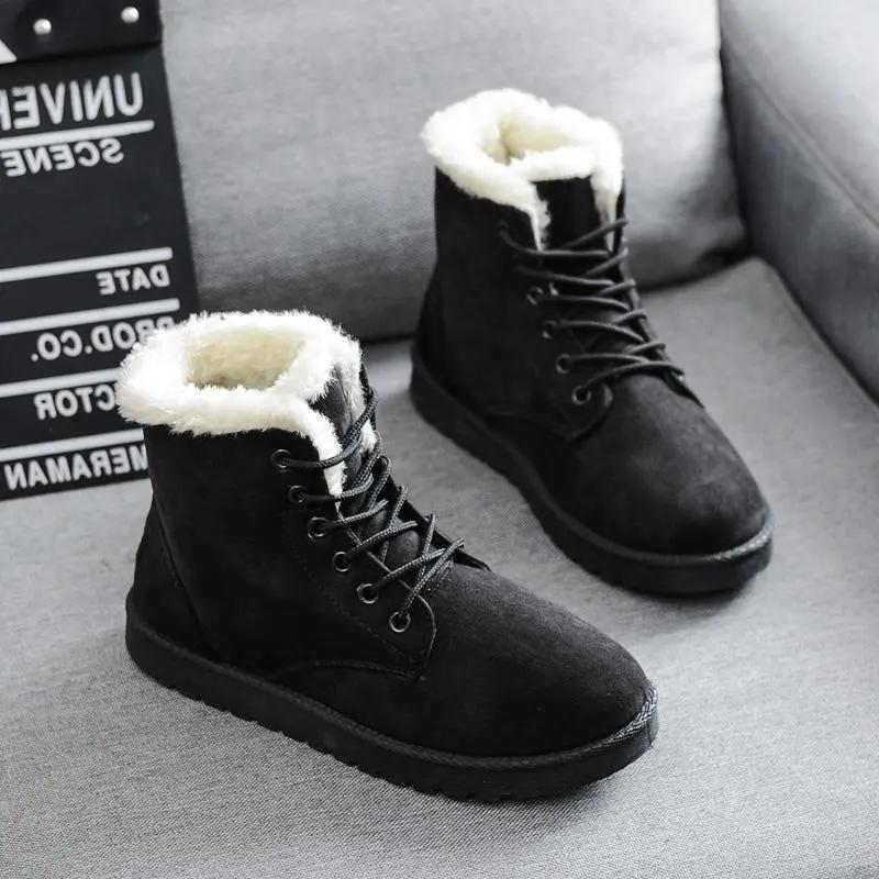 Winter Boots Black Grey Red Shoes for Women Ankle Boots Lace Up Warm Fur Snow Boots Faux Suede Booties Woman Flat Shoes