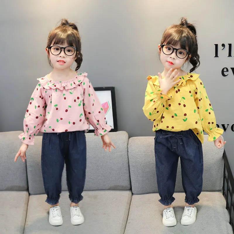 Girls Spring and Autumn Pullover Long-sleeved Breathable Suit Ruffled Neckline Cute Floral Casual Style Sports Two-piece Suit