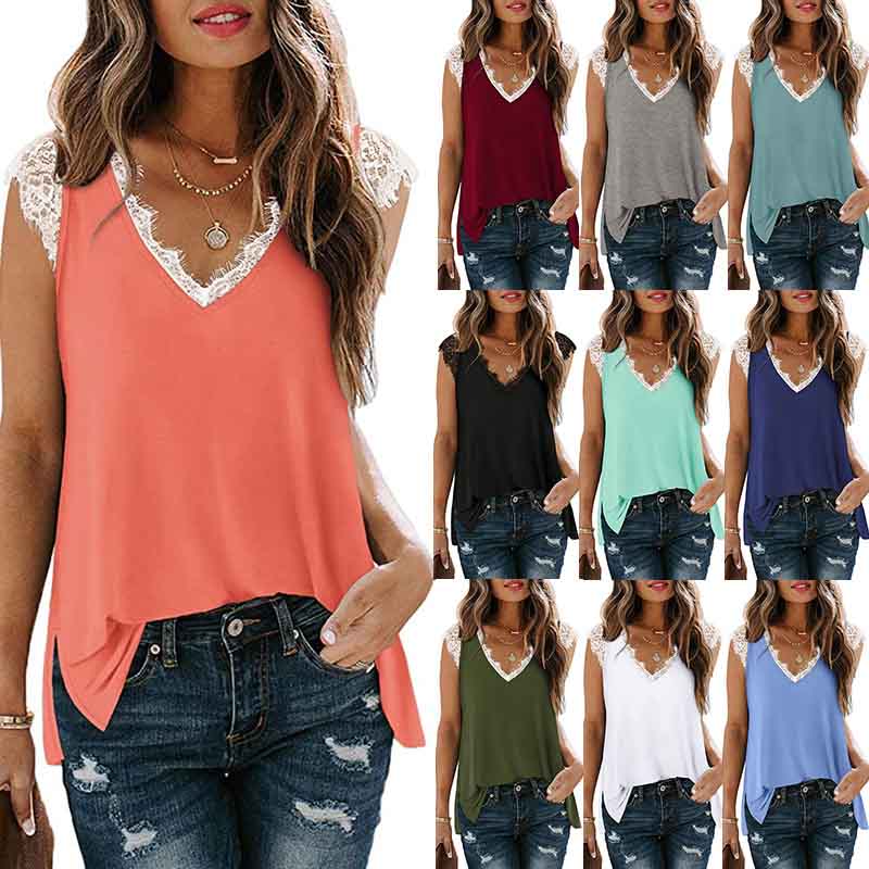 European and American Summer Lace Vest Loose Casual Slit T-shirt
