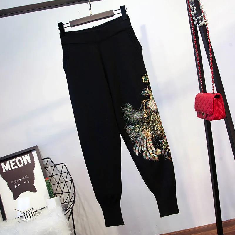 Women's Casual Sports Suit Two-piece Pants Spring and Autumn Embroidery Sequins Velvet Plus Size