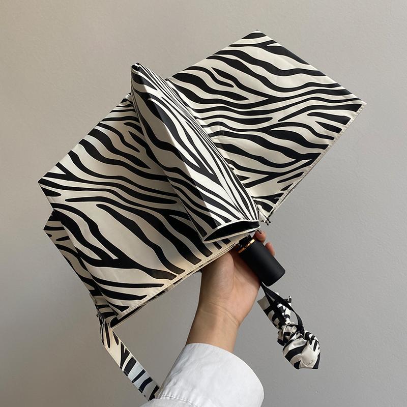 Zebra Pattern Automatic Umbrella Female Ins Wind Sunshade Three-fold Rain and Sun Dual-use Sunscreen Black Plastic Sun Umbrella