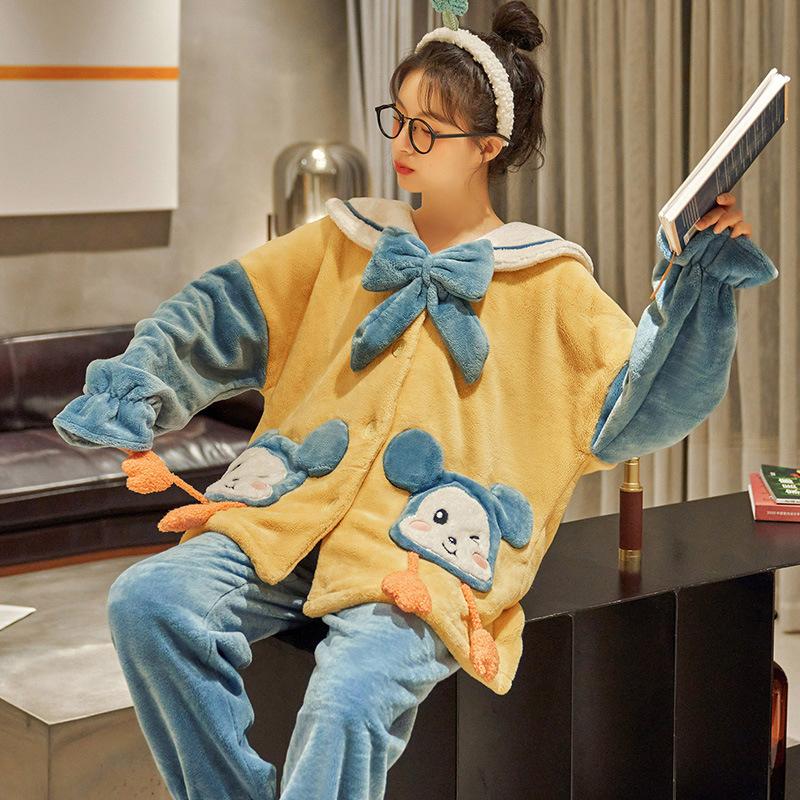 Pajamas Women Autumn Winter Sleepwear Coral Fleece Velvet Thickening Flannel Warm Nightwear Long Sleeve Loose Top Pant Set Cartoon Cute Home Wear Suit