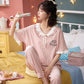 Pajamas Women's Spring and Summer Short-sleeved Trousers Cotton Suit Cute Lace Edge Loose Large Size Can Be Worn Outside Home Clothes