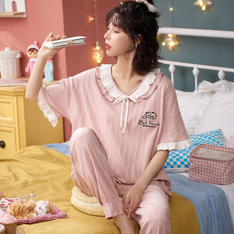 Pajamas Women's Spring and Summer Short-sleeved Trousers Cotton Suit Cute Lace Edge Loose Large Size Can Be Worn Outside Home Clothes