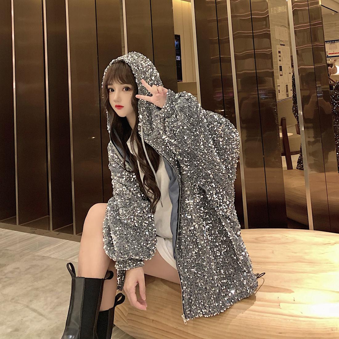 Starry Sky Hooded Zipper Jacket Women's Loose Short Glossy Jacket Regular Jacket Women's Spring and Autumn Seasons